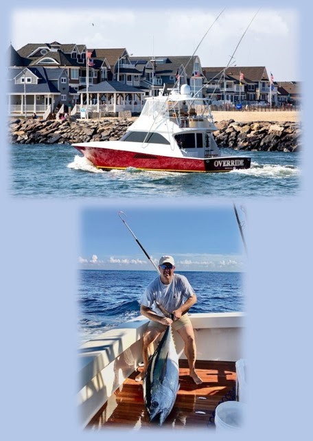 Two photos arranged vertically against a light blue background. The top photo shows the yacht Override in the water, houses visible in the background. You can see the name of the boat. The bottom picture is a man on the boat, holding a large fish. The fish is so large it is leaning heavily on the boat's deck. The man is smiling at the camera.