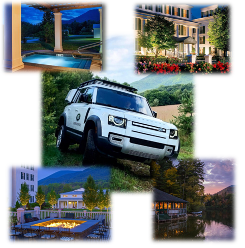 A collage of five images. A Land Rover vehicle is in the center. The four pictures around it show different areas of the Equinox Resort: a hot tub, the exterior of the inn, a firepit surrounded by chairs, and a view of a lake.