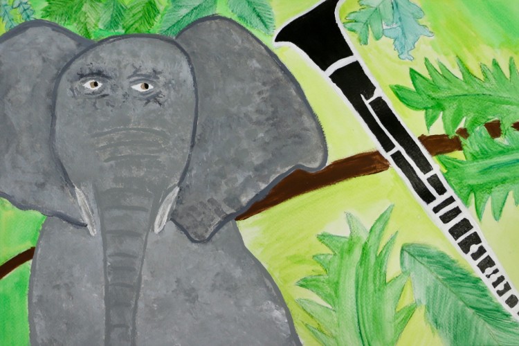 Painting of an elephant next to a clarinet and some leaves