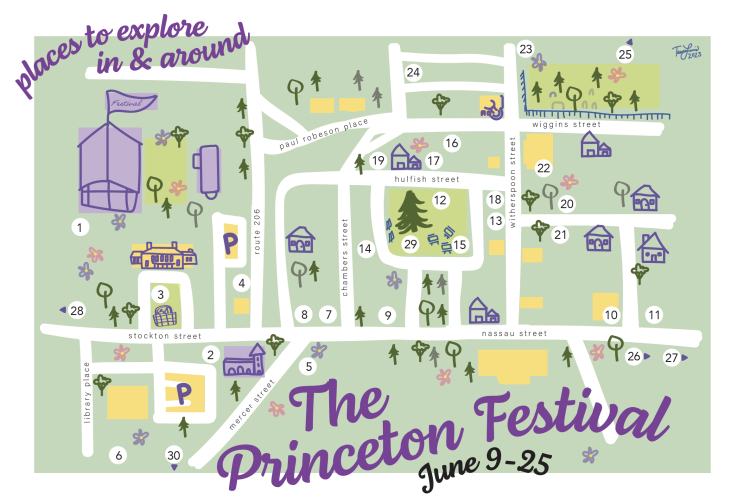 Artistic rendering of a map of the Princeton Festival and downtown Princeton