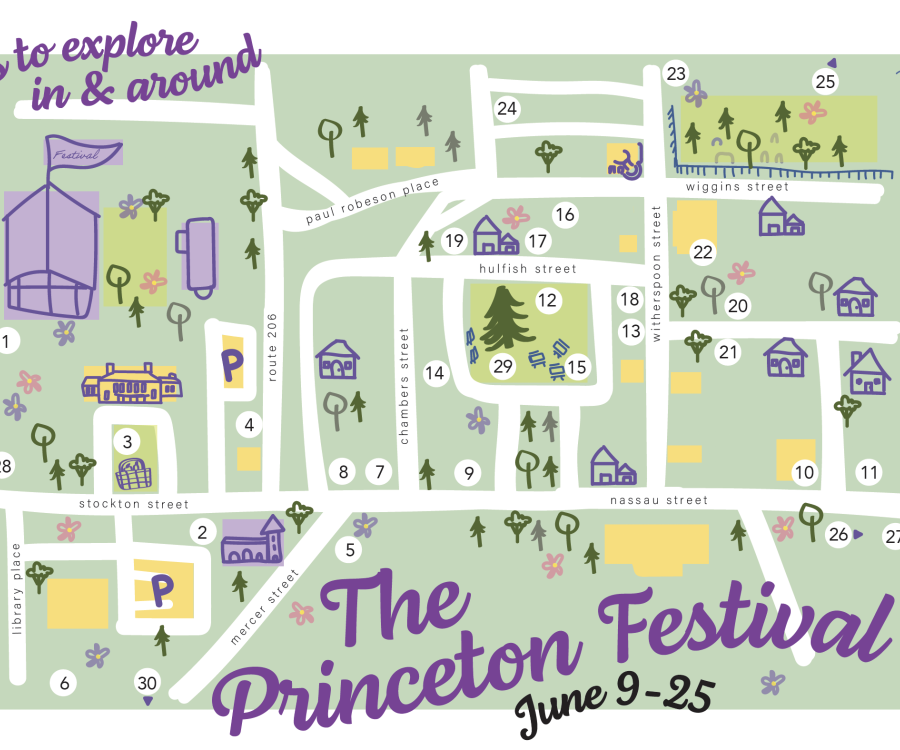 Artistic depiction of map of downtown Princeton showing grounds of Morven Museum & Garden