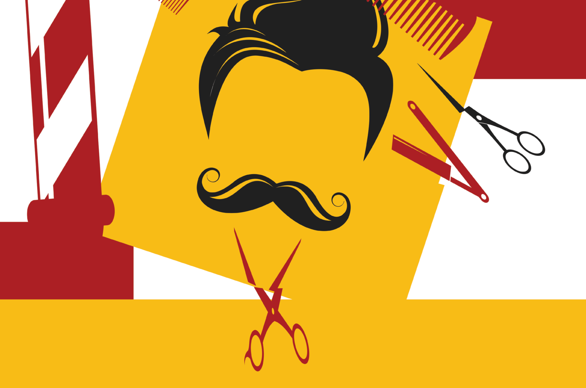 Red, gold, and white graphic with barber pole, hair piece, mustache, combs and clippers