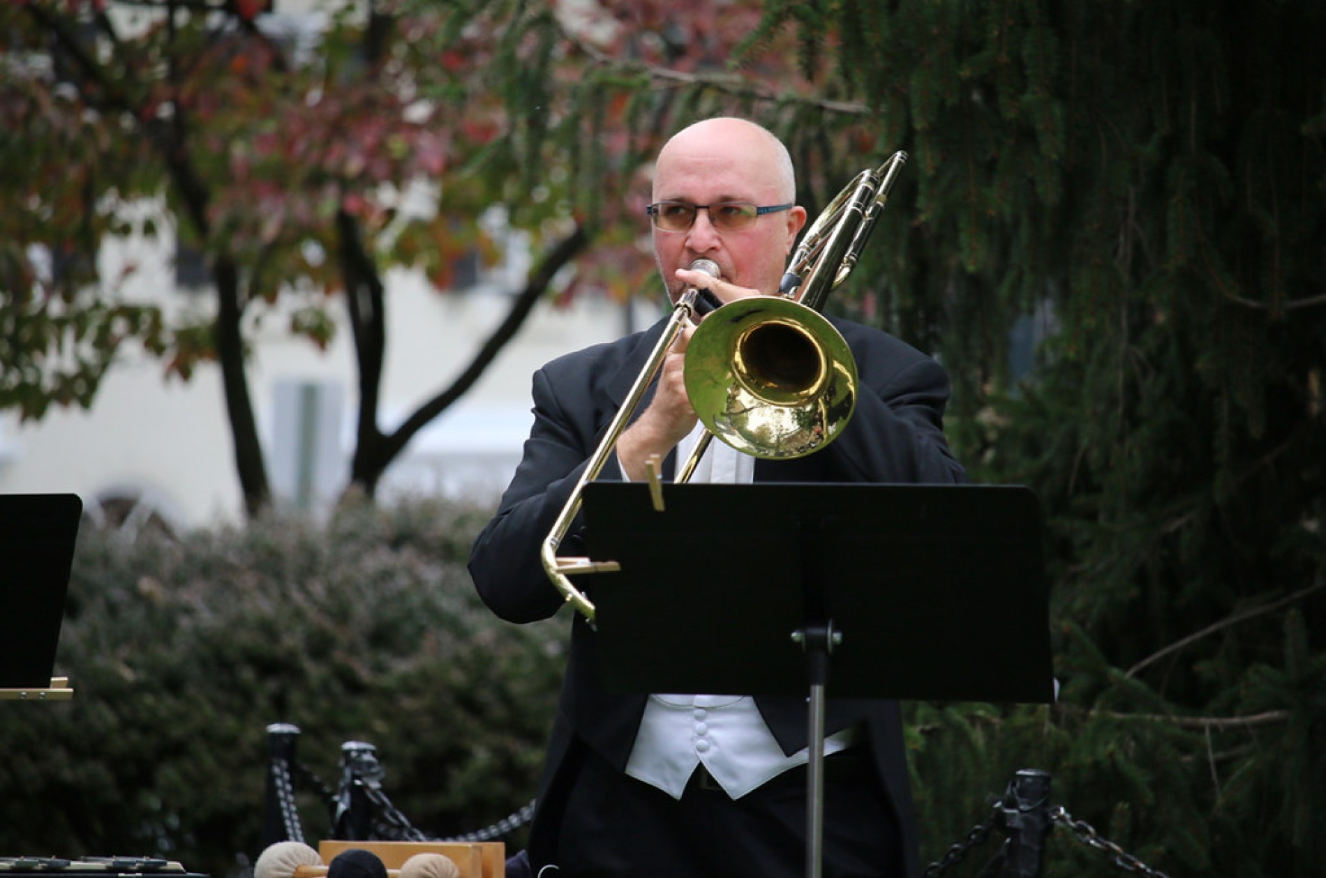 Trombone player performing outside, surrounded by trees.
