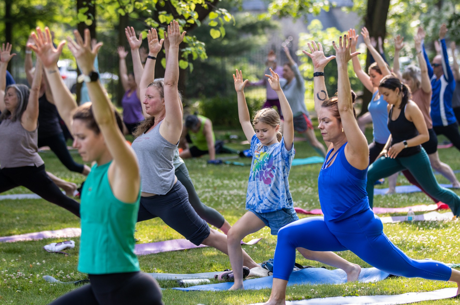 15 yoga practitioners in the Warrior pose outside in a treelined park