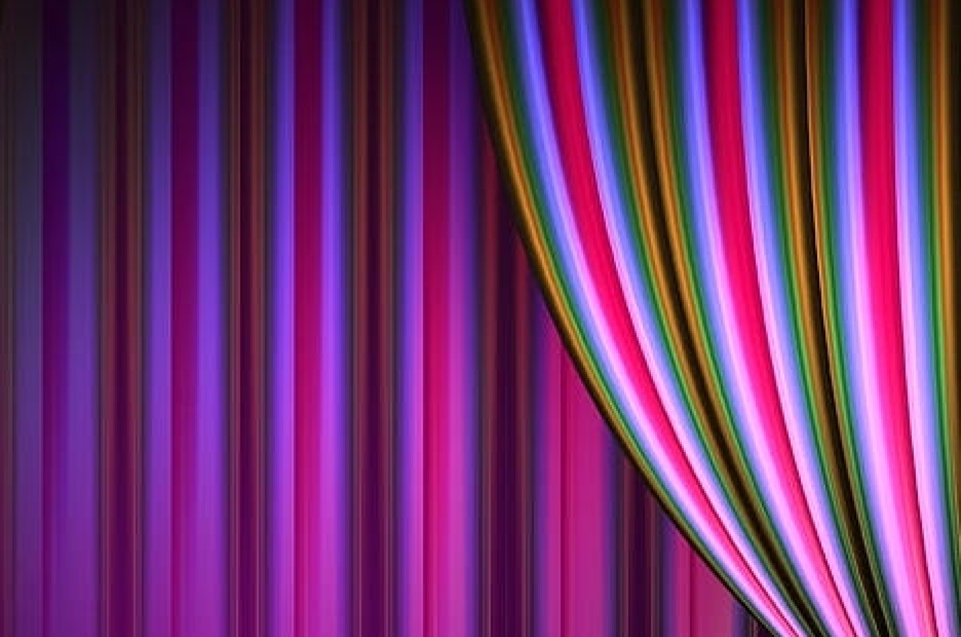 Striped, drawn-back curtain with similar stripe pattern in the background.
